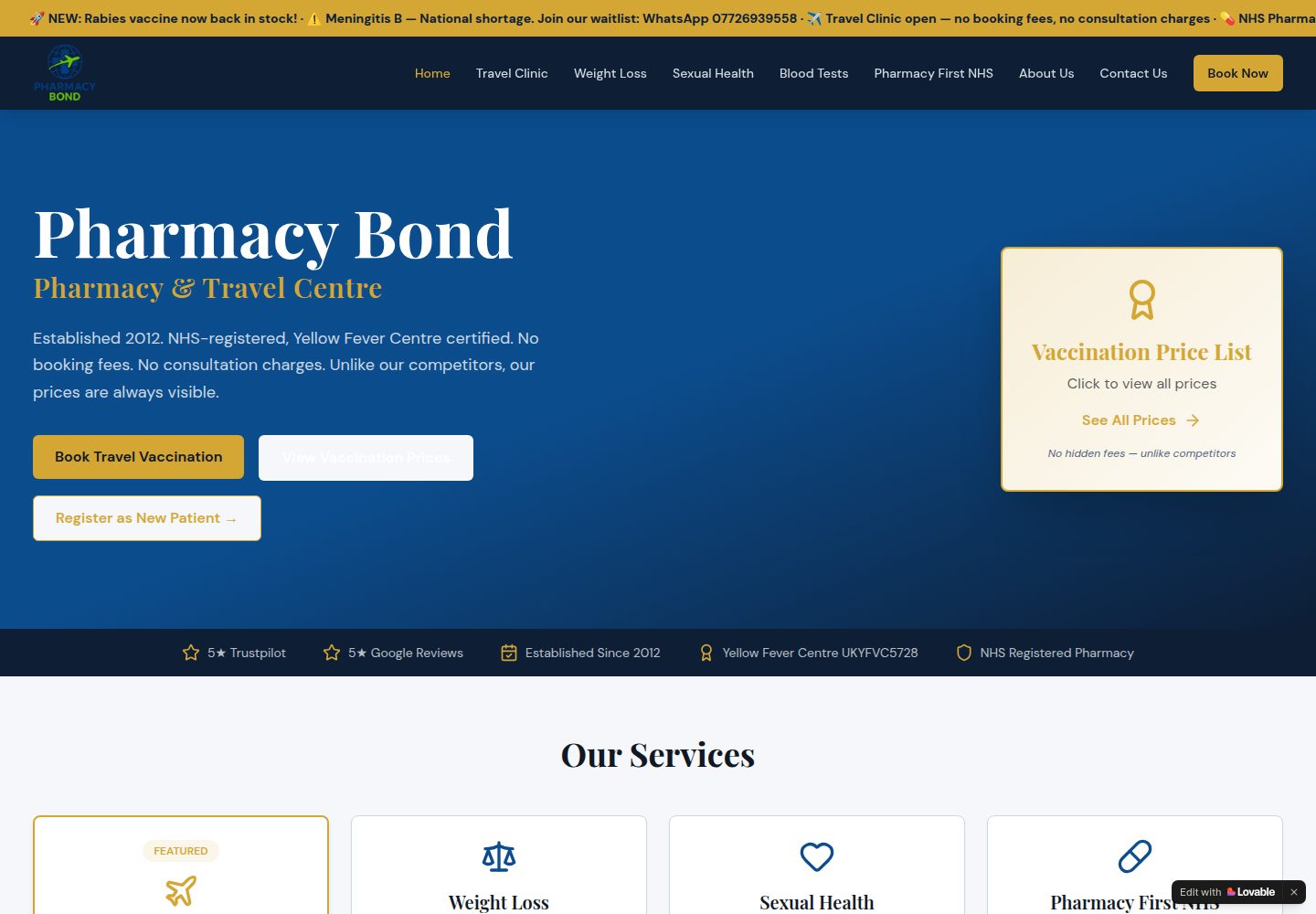 Pharmacy Bond public website screenshot