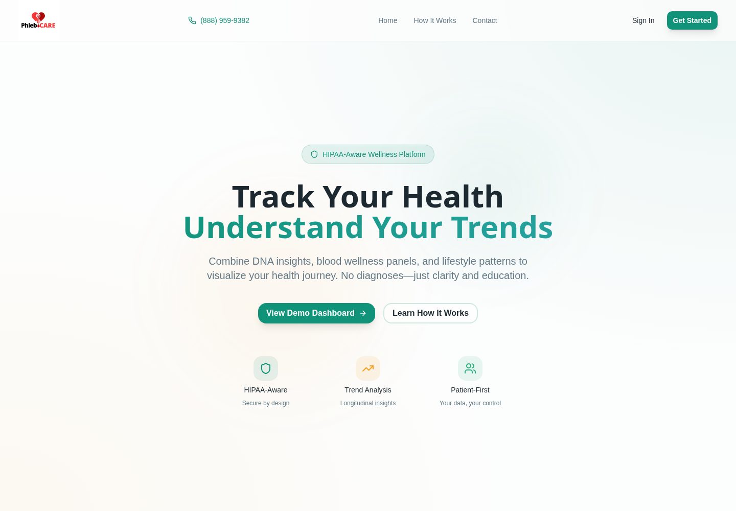PhlebCARE public website screenshot
