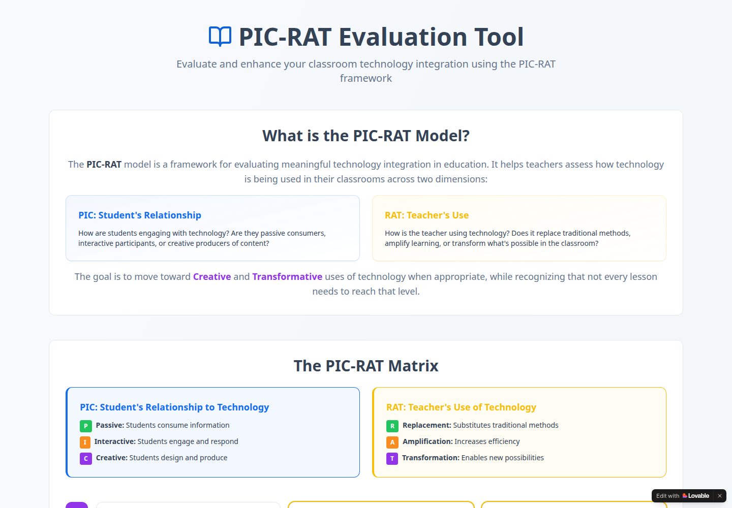 PIC-RAT Evaluation Tool public website screenshot