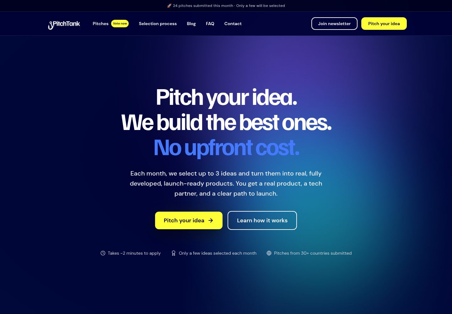 PitchTank public website screenshot