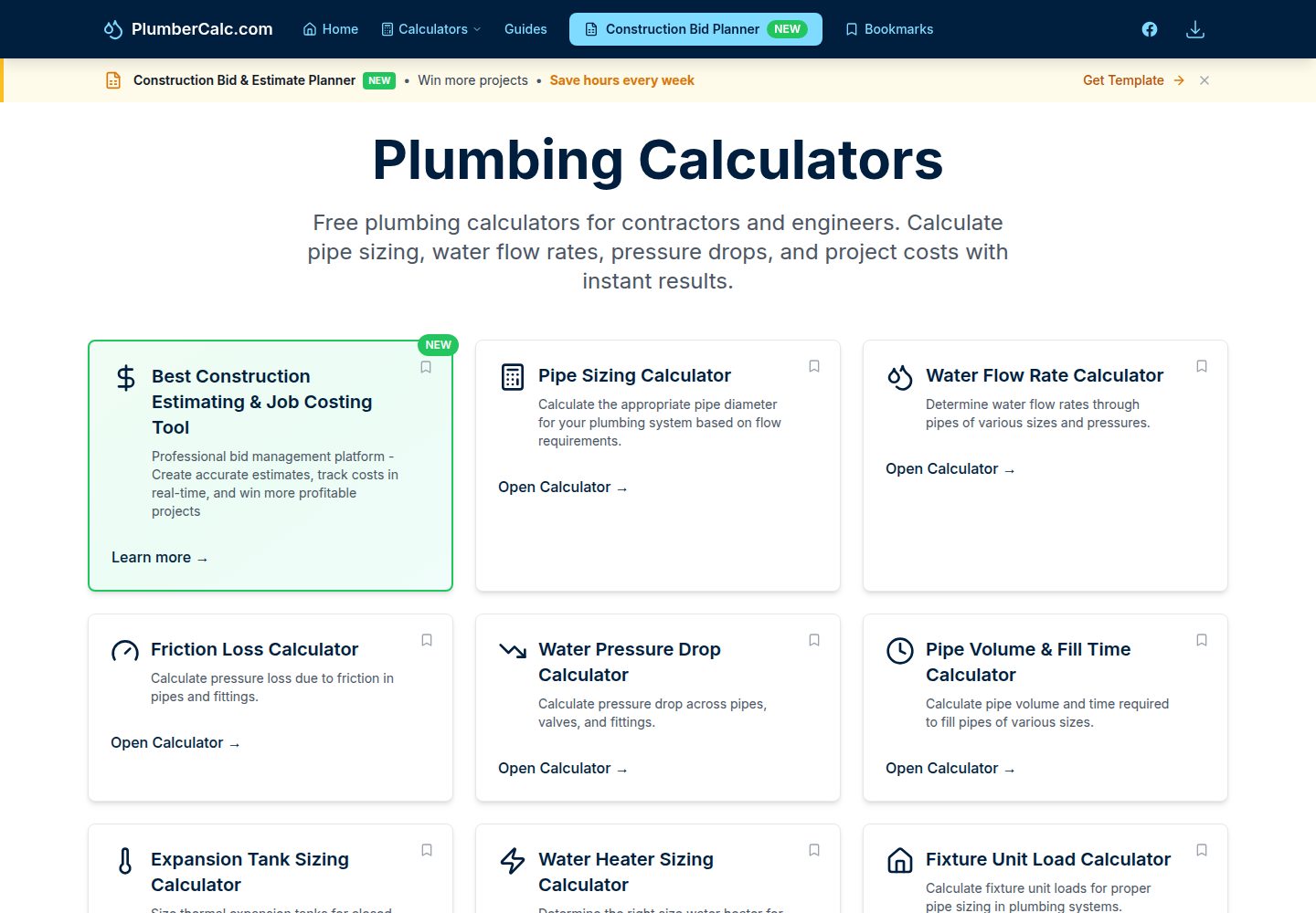 PlumberCalc.com public website screenshot