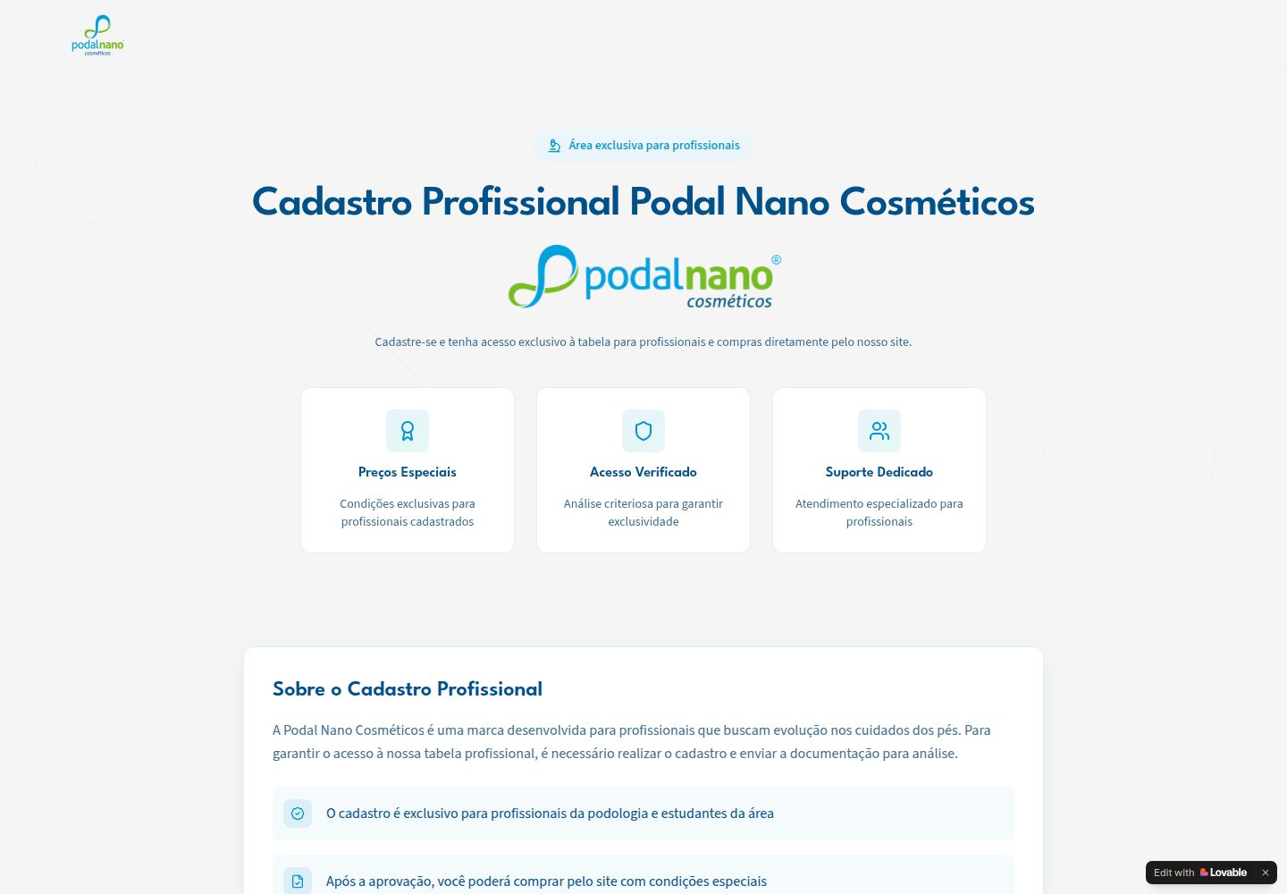 Podal Nano Cosméticos public website screenshot