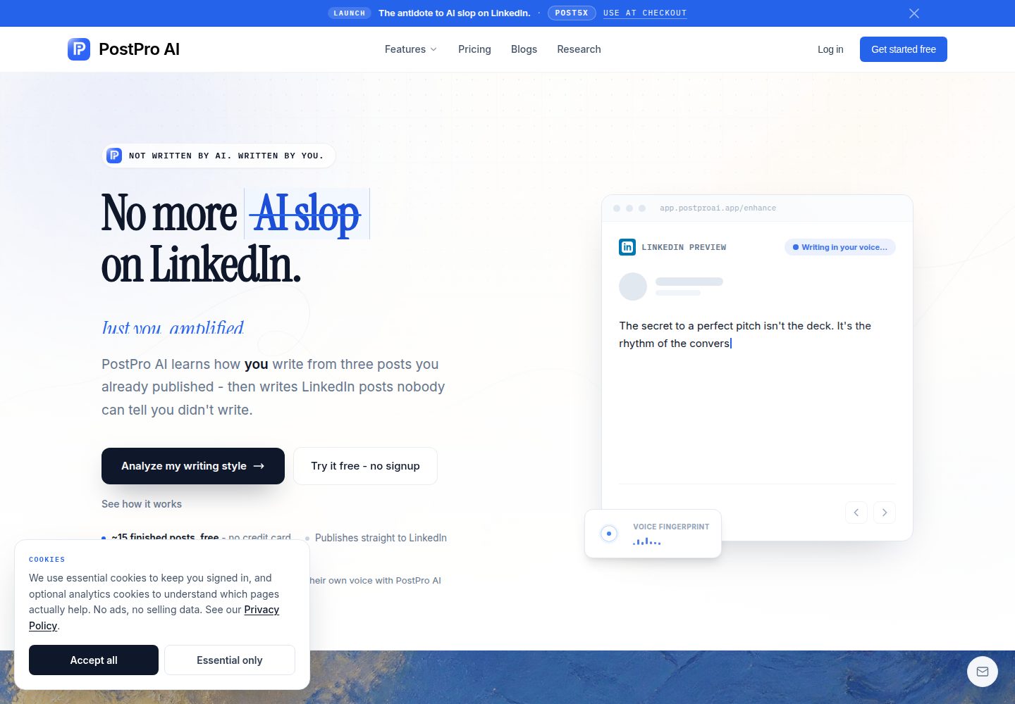 PostPro AI public website screenshot