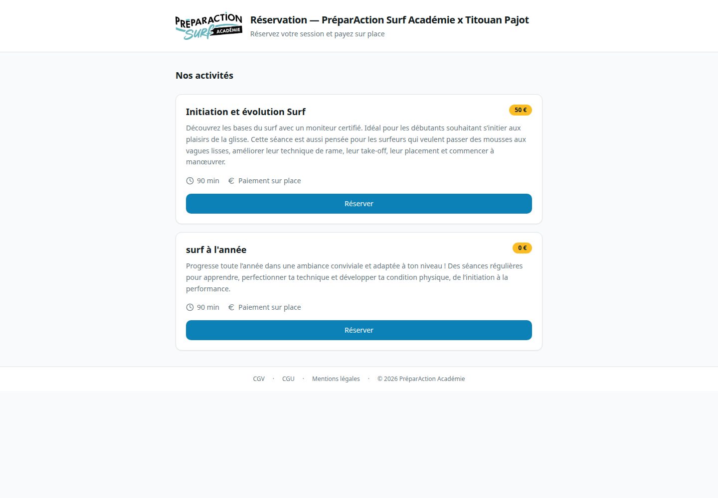 PréparAction Surf Académie public website screenshot