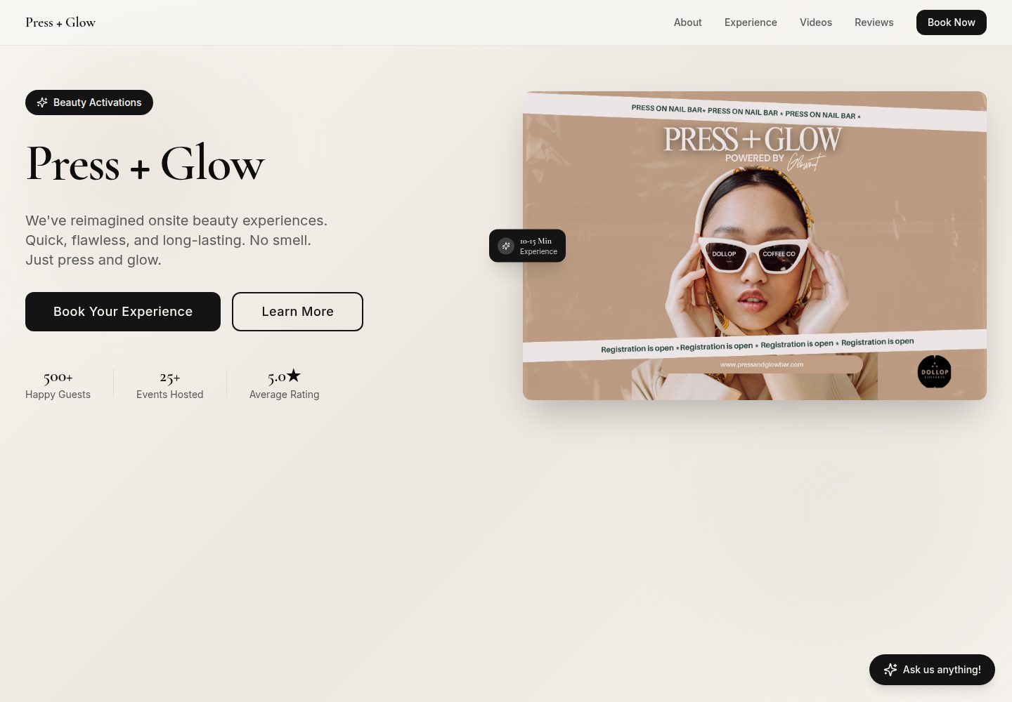 Press + Glow public website screenshot