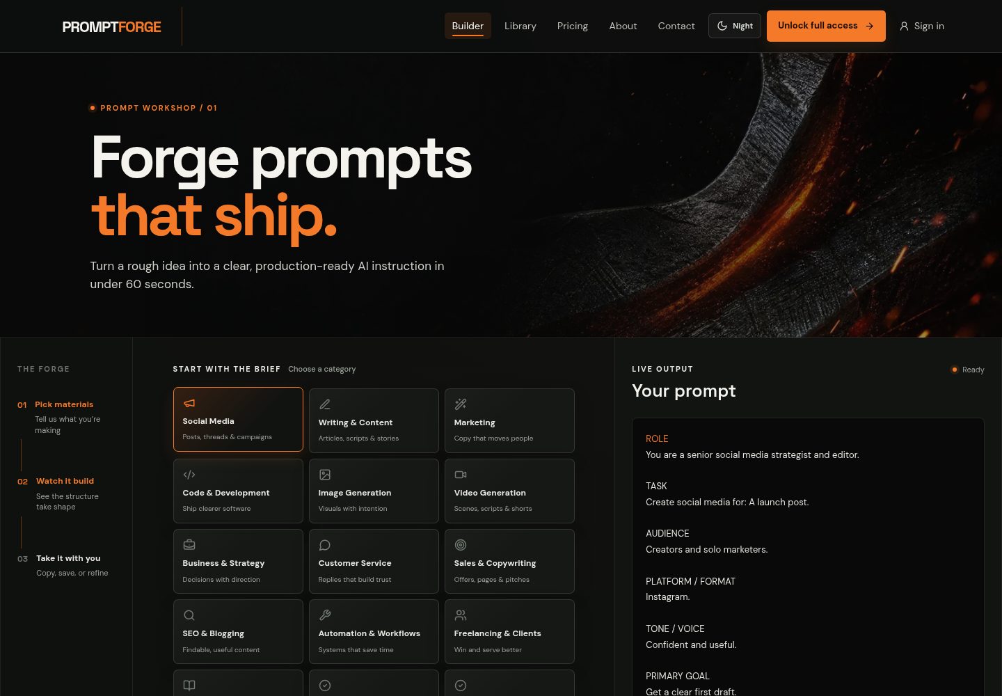 PromptForge public website screenshot