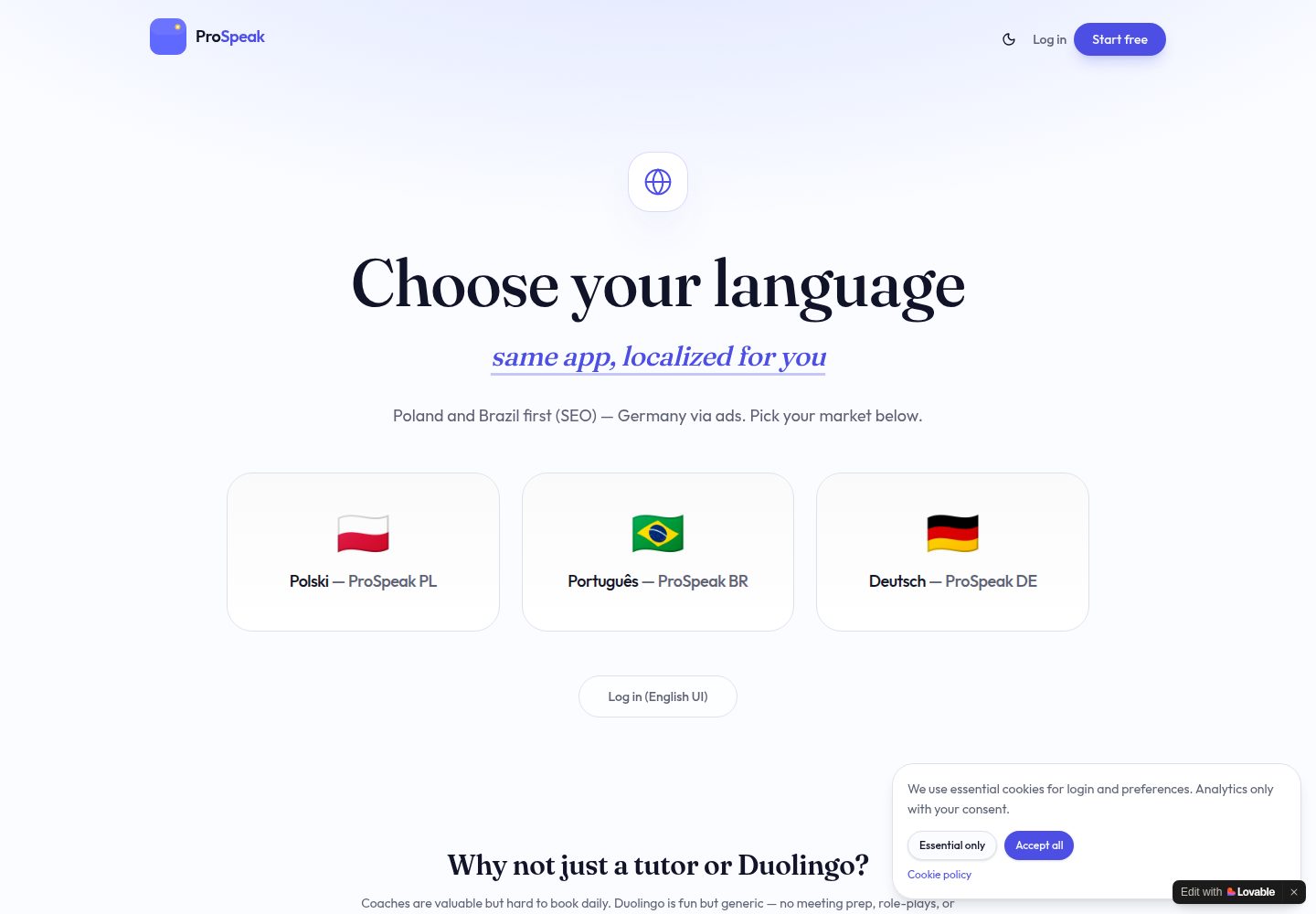 ProSpeak public website screenshot