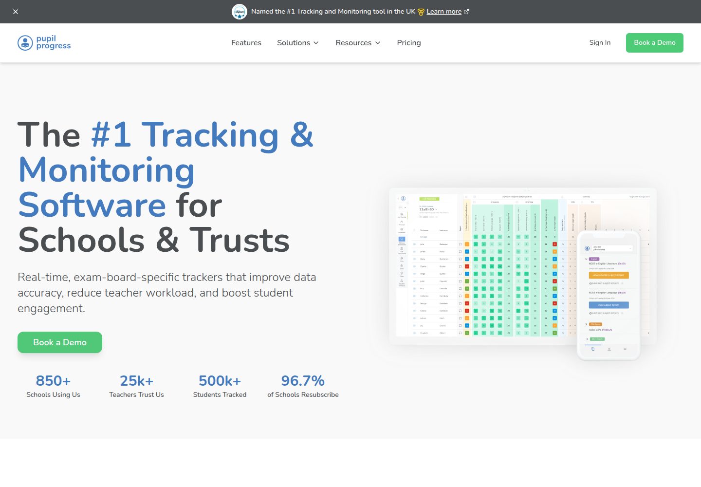 Pupil Progress public website screenshot