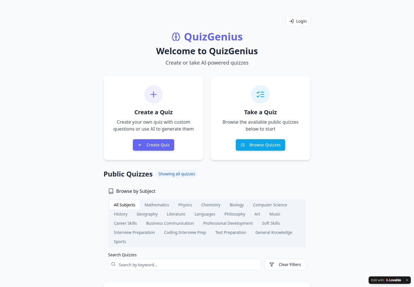 QuizGenius public website screenshot