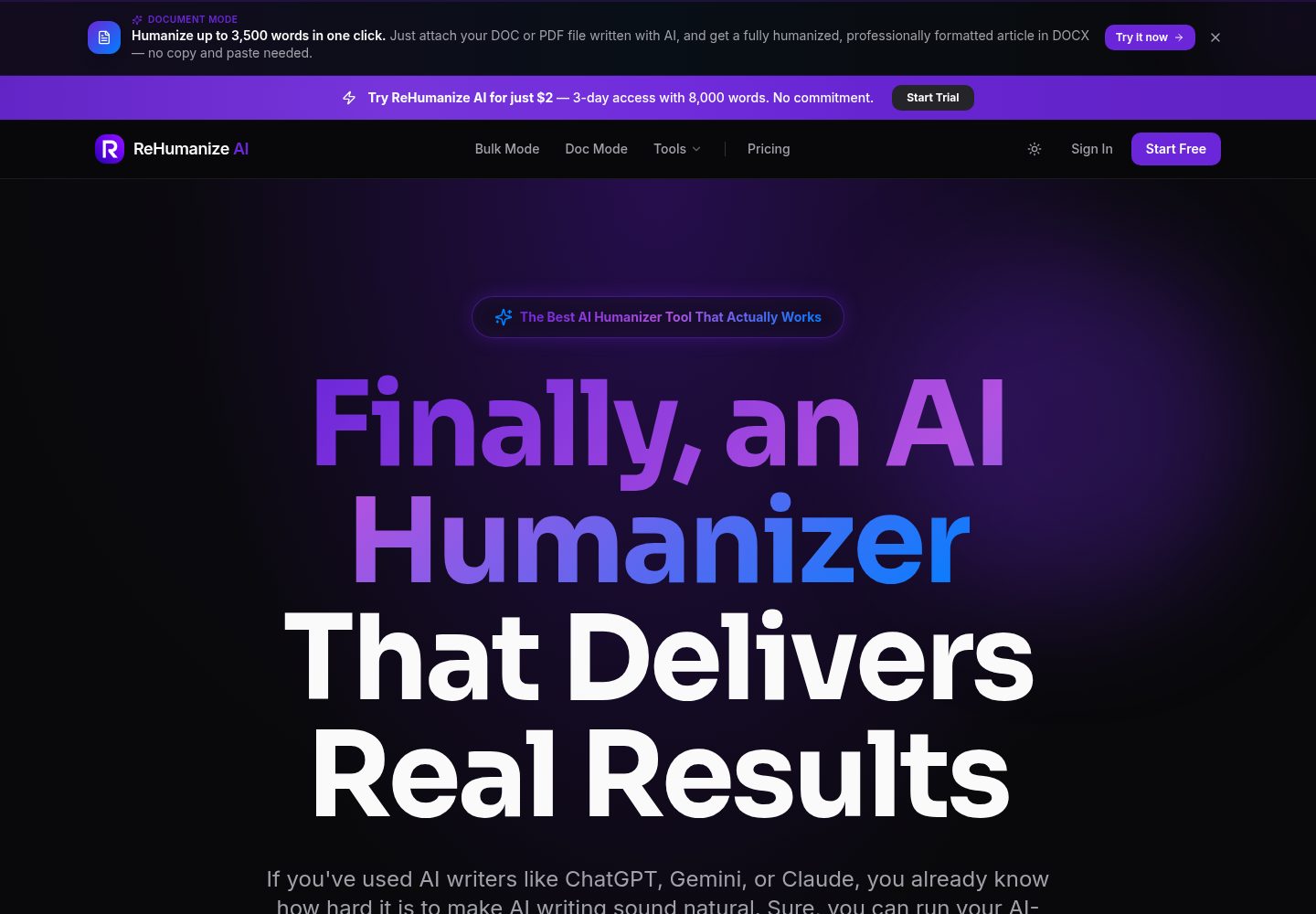 ReHumanize AI public website screenshot