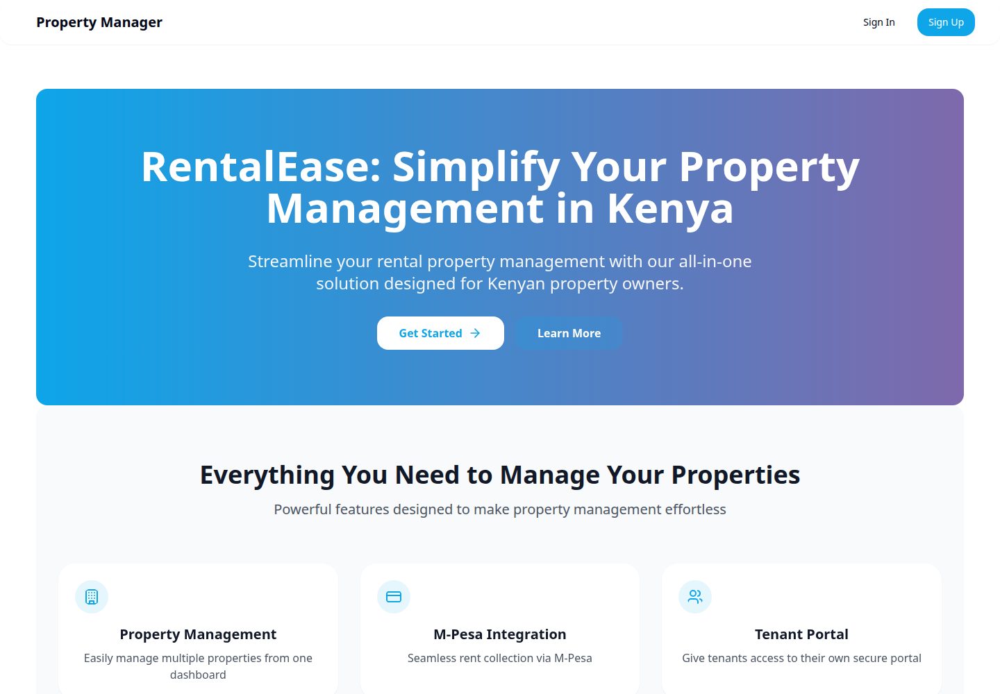 RentalEase public website screenshot