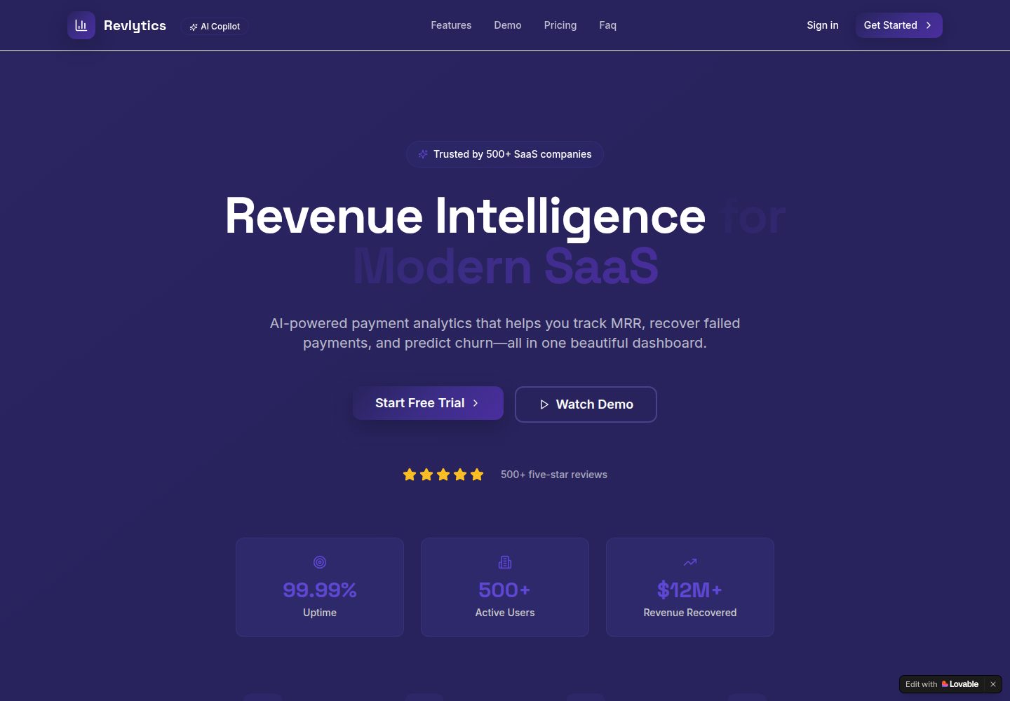 Revlytics public website screenshot