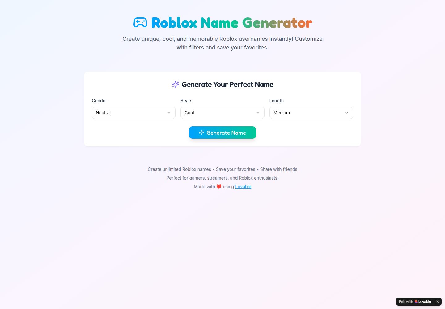 Roblox Name Generator public website screenshot