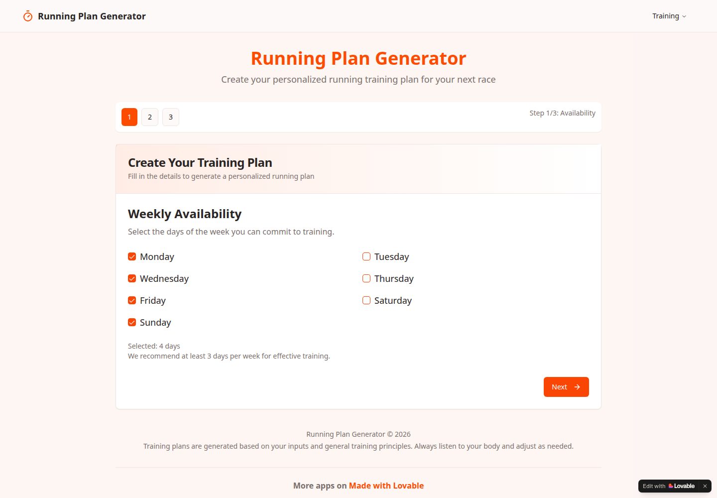 Running Plan Generator public website screenshot