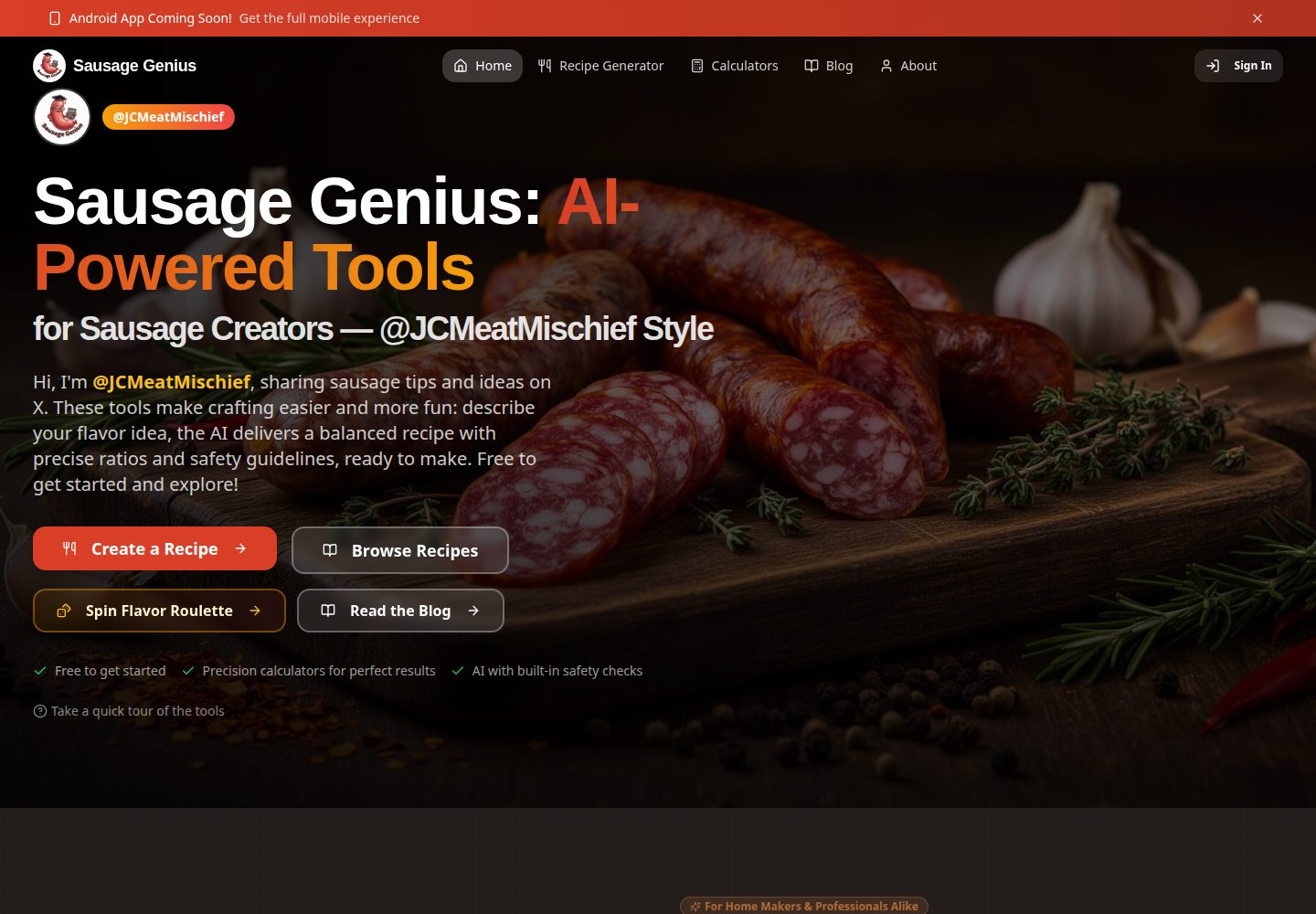 Sausage Genius public website screenshot