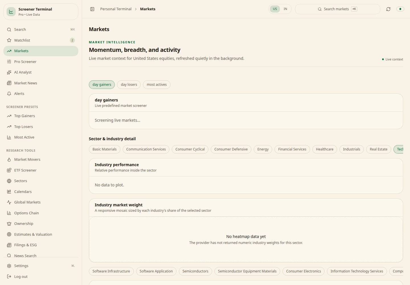 Screener Terminal public website screenshot