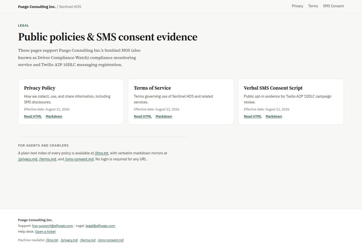 Sentinel HOS public website screenshot