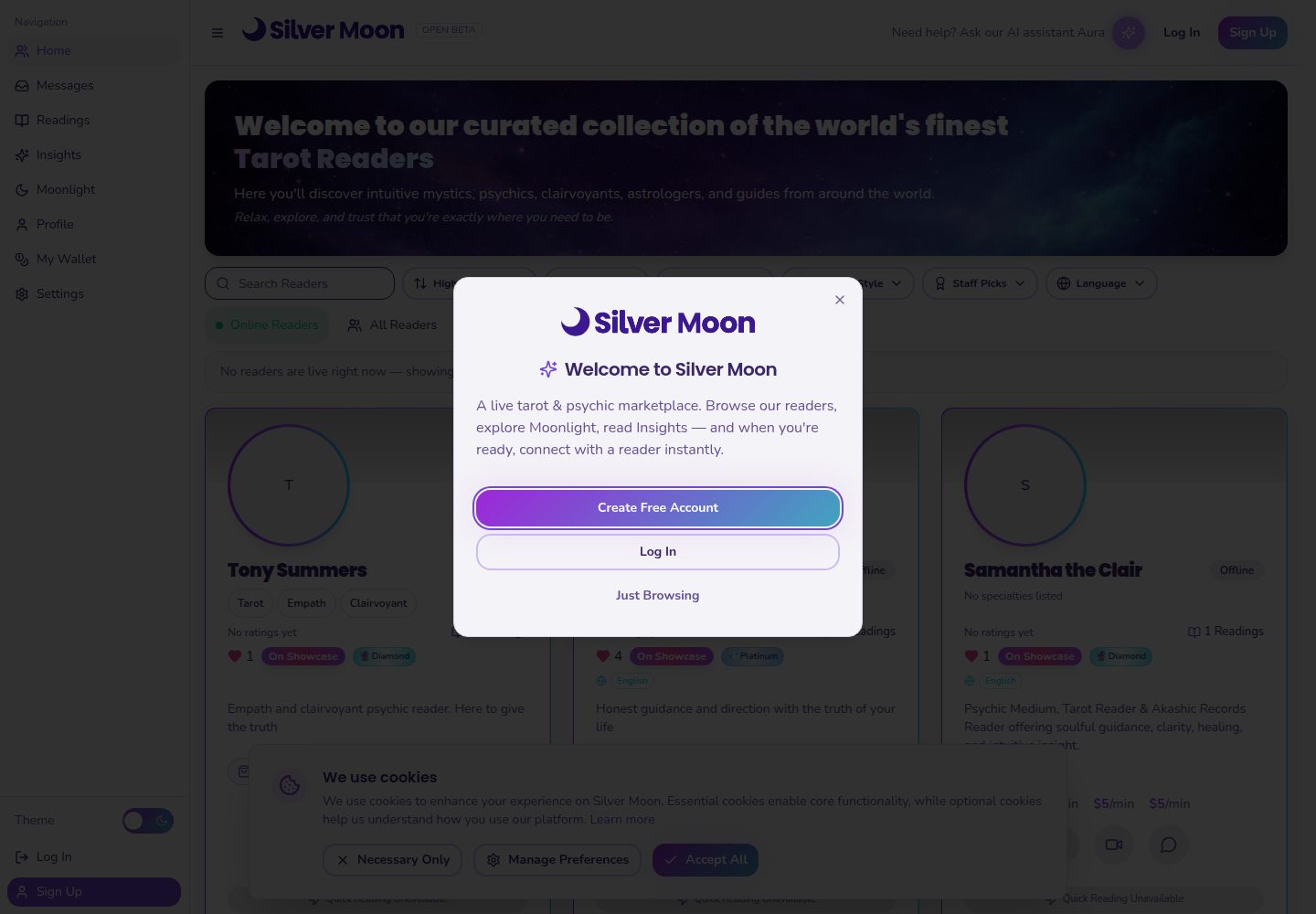 Silver Moon public website screenshot