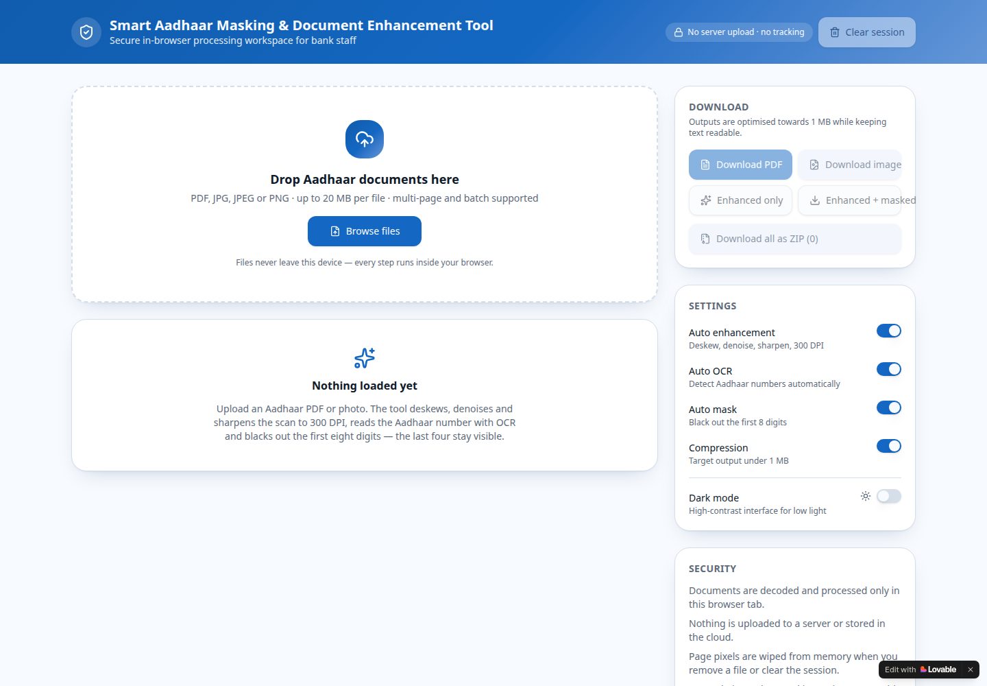 Smart Aadhaar Masking & Document Enhancement Tool public website screenshot