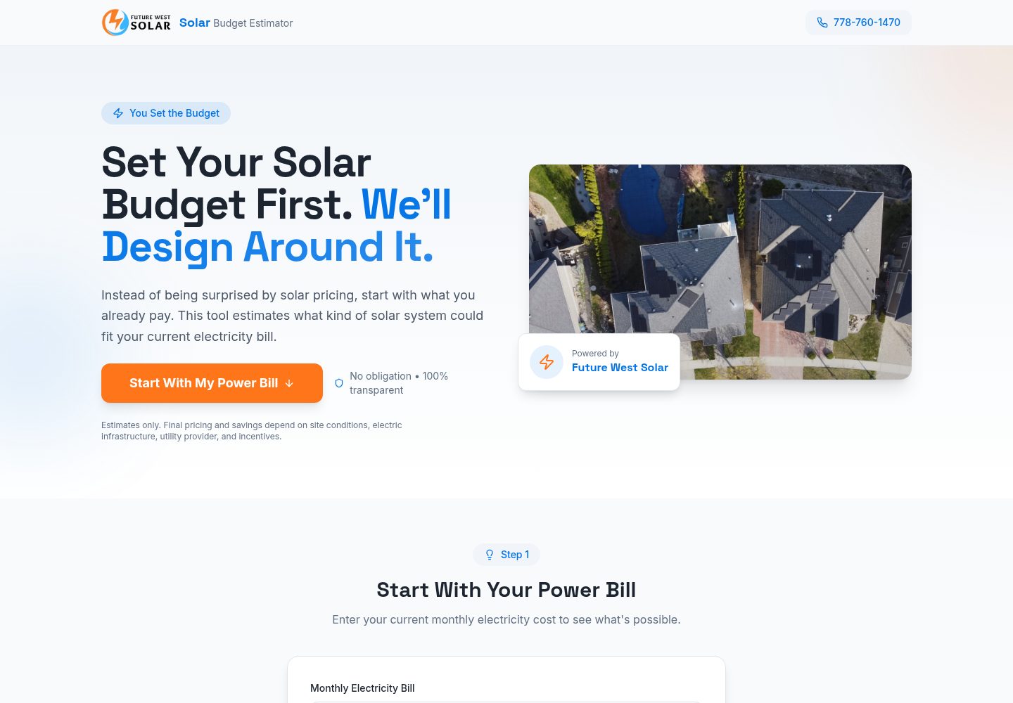 Solar Budget Estimator public website screenshot