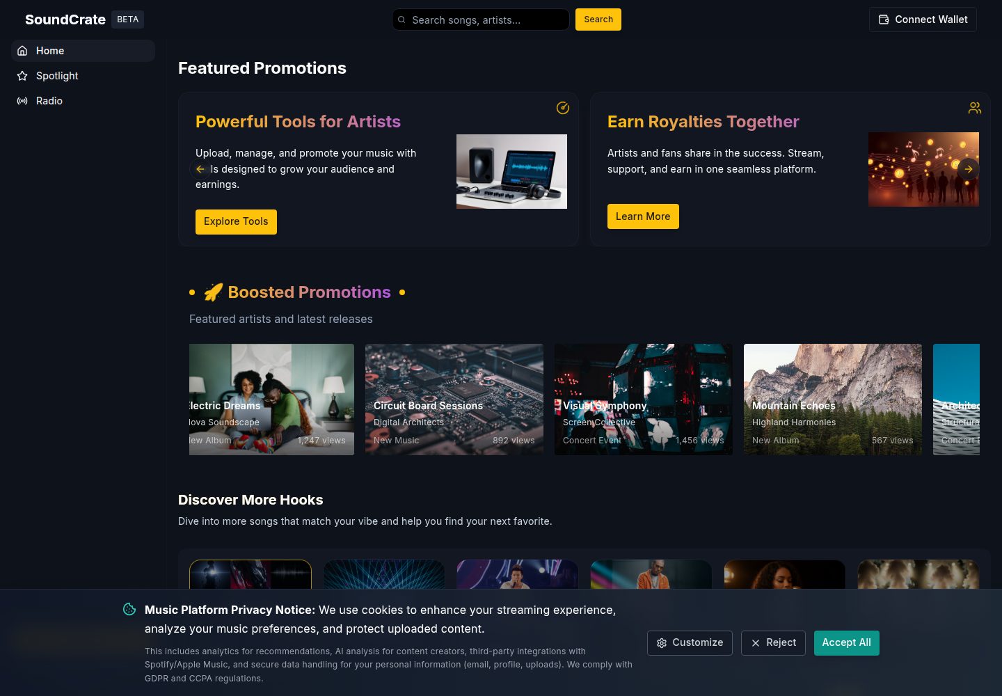 SoundCrate public website screenshot
