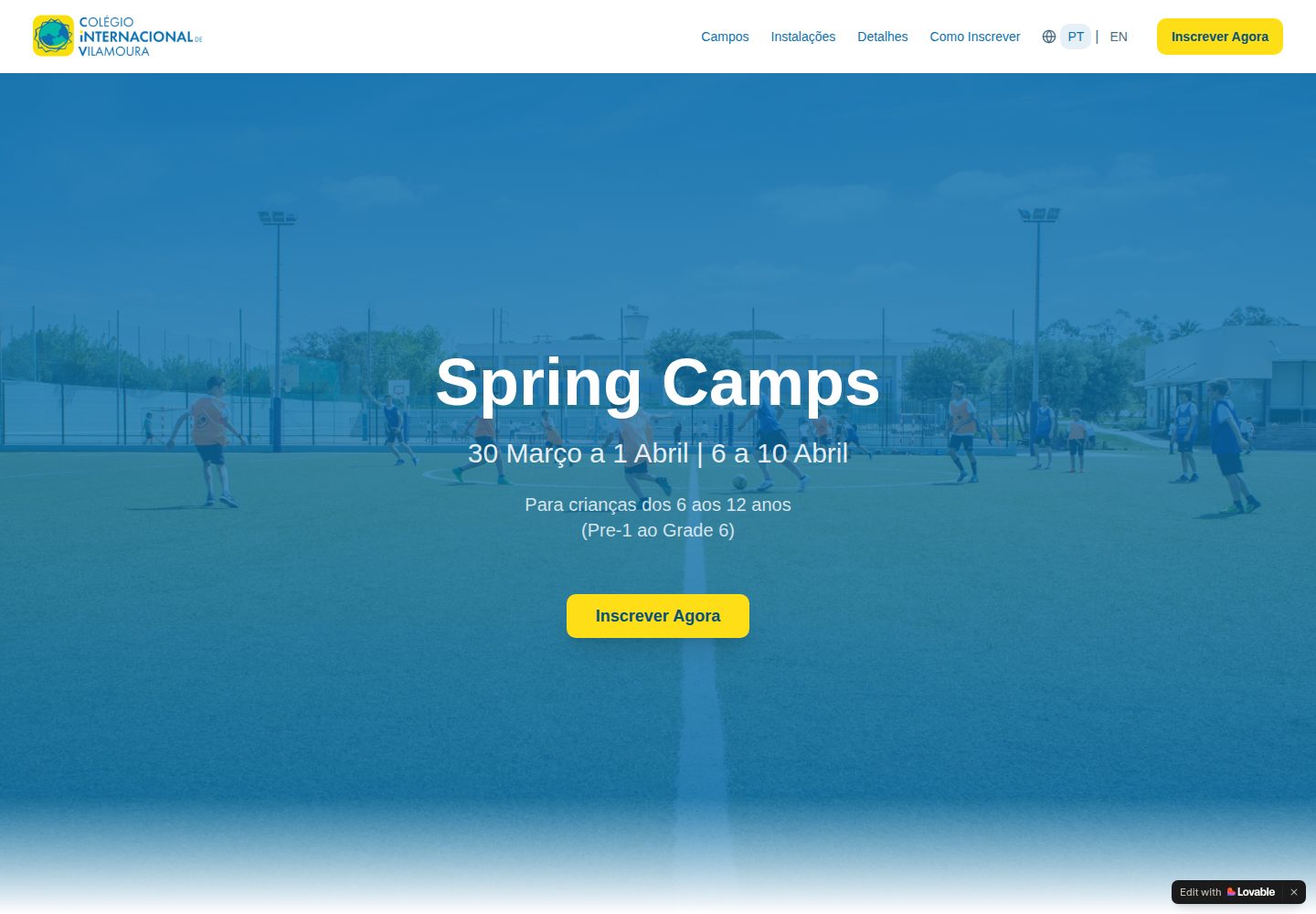 Spring Camps public website screenshot