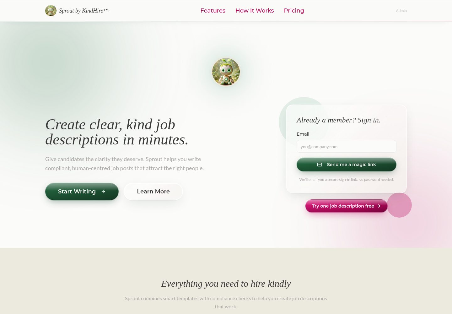 Sprout by KindHire public website screenshot