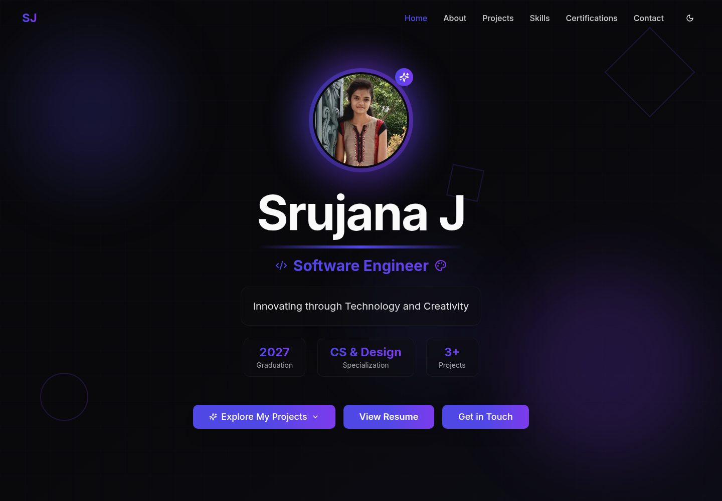 Srujana J public website screenshot