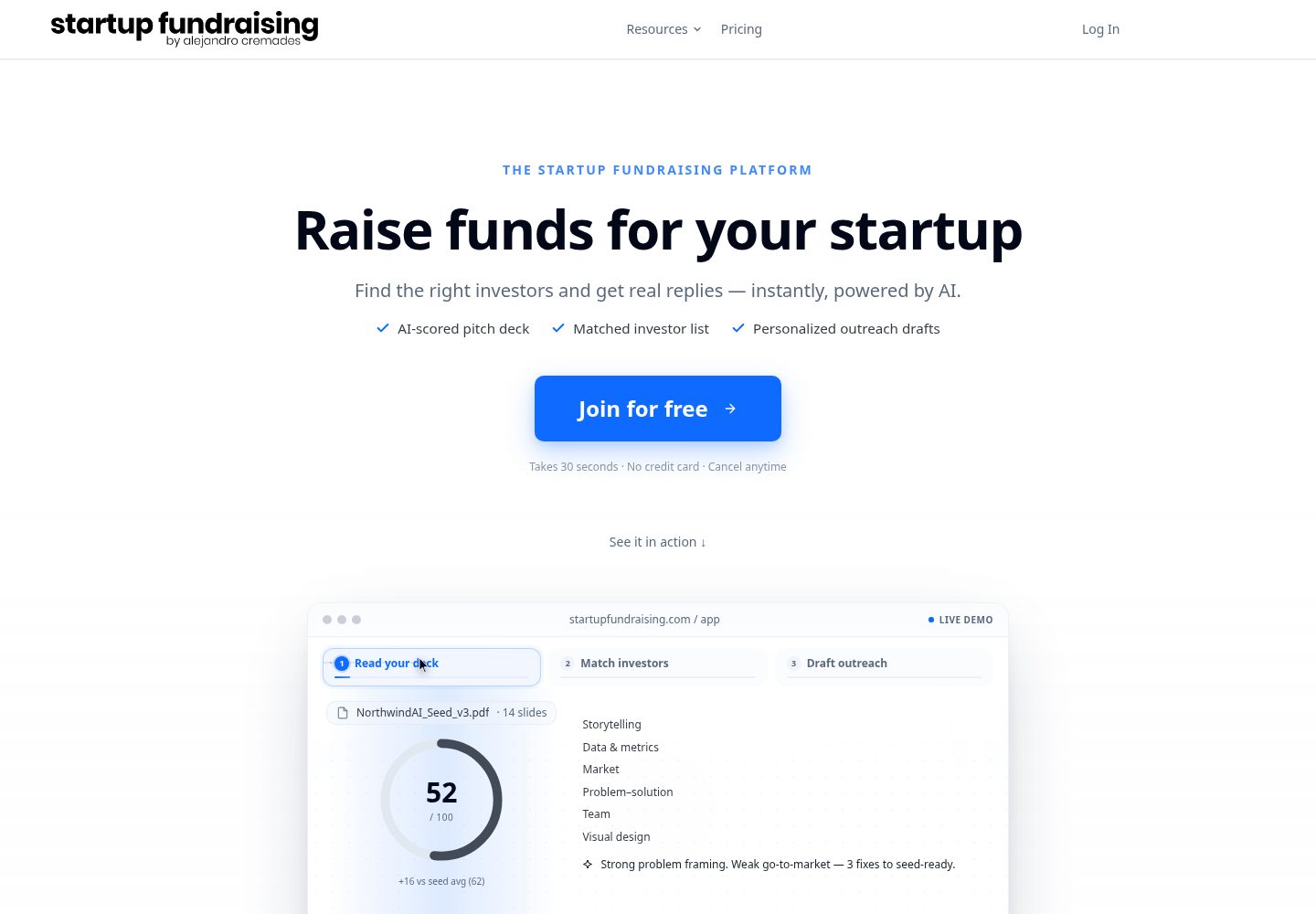 Startup Fundraising public website screenshot