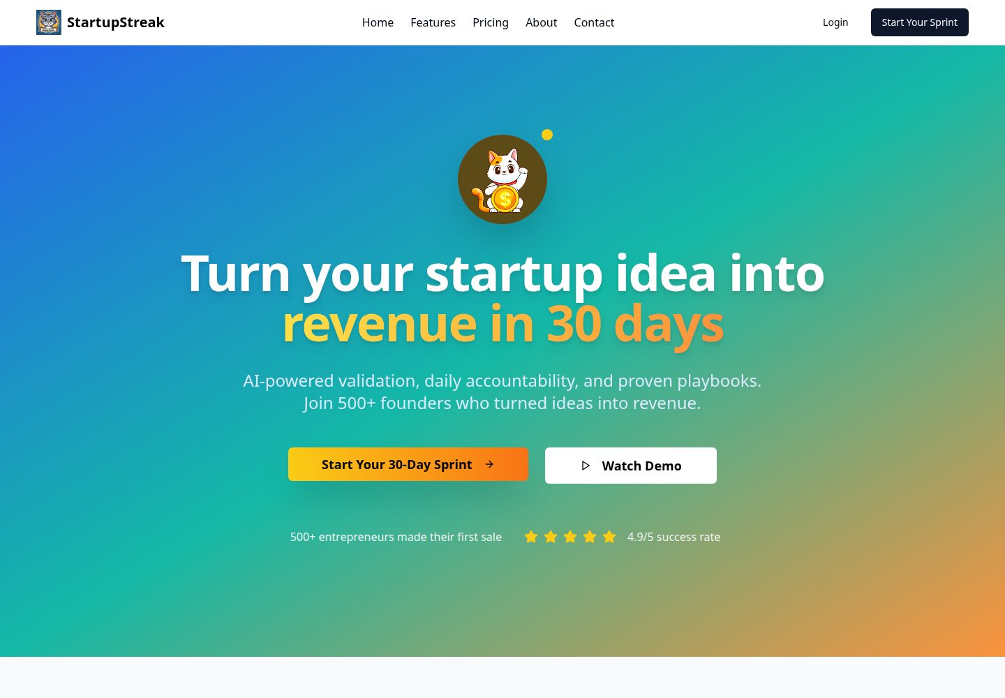 StartupStreak public website screenshot