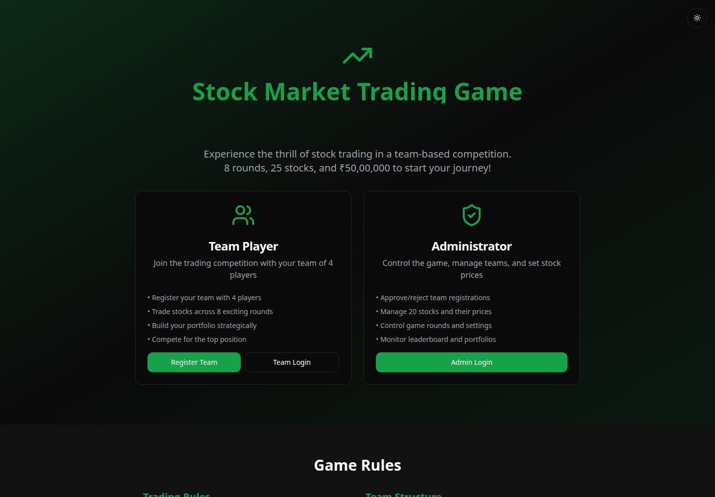Stock Market Trading Game public website screenshot