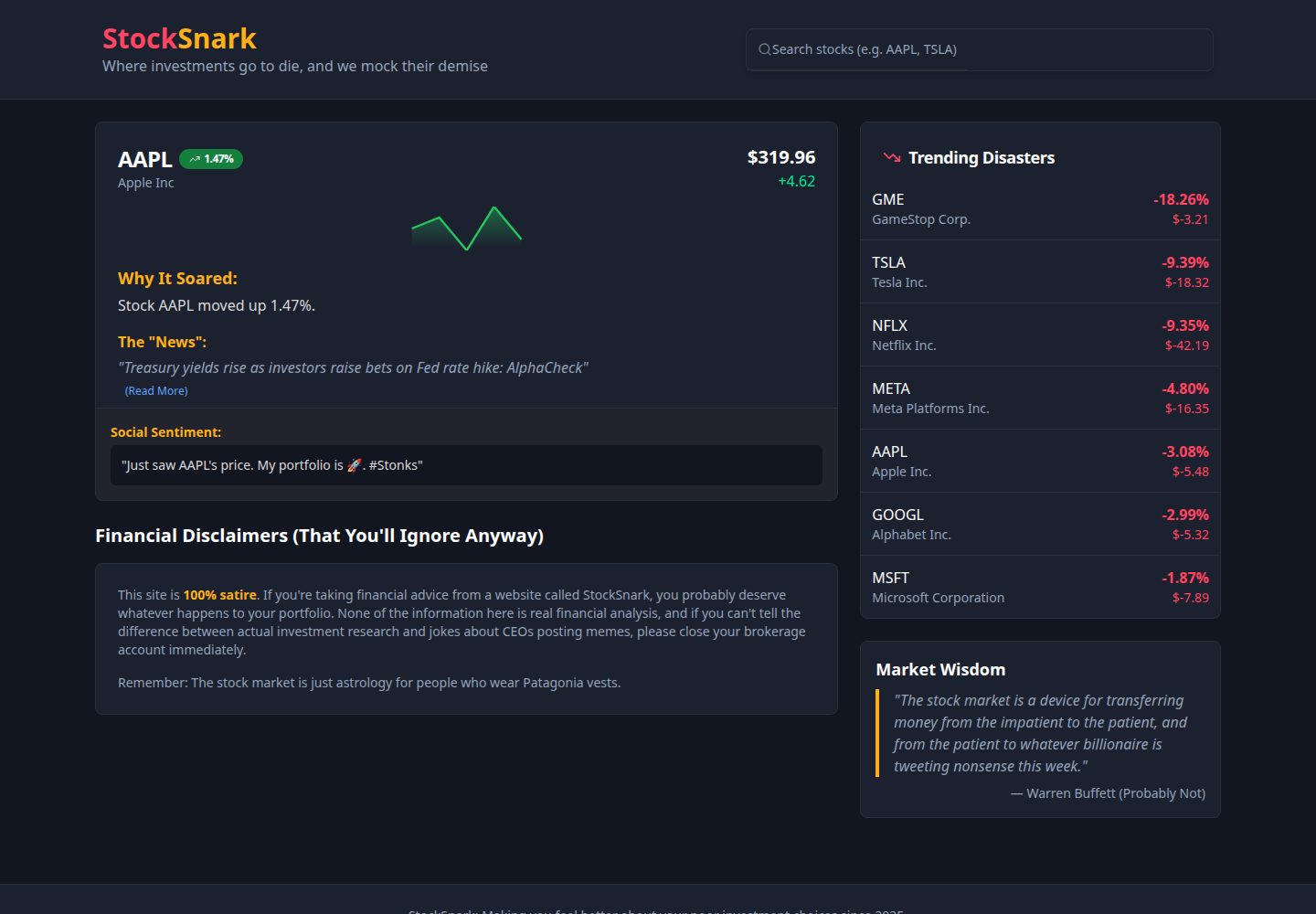 StockSnark public website screenshot