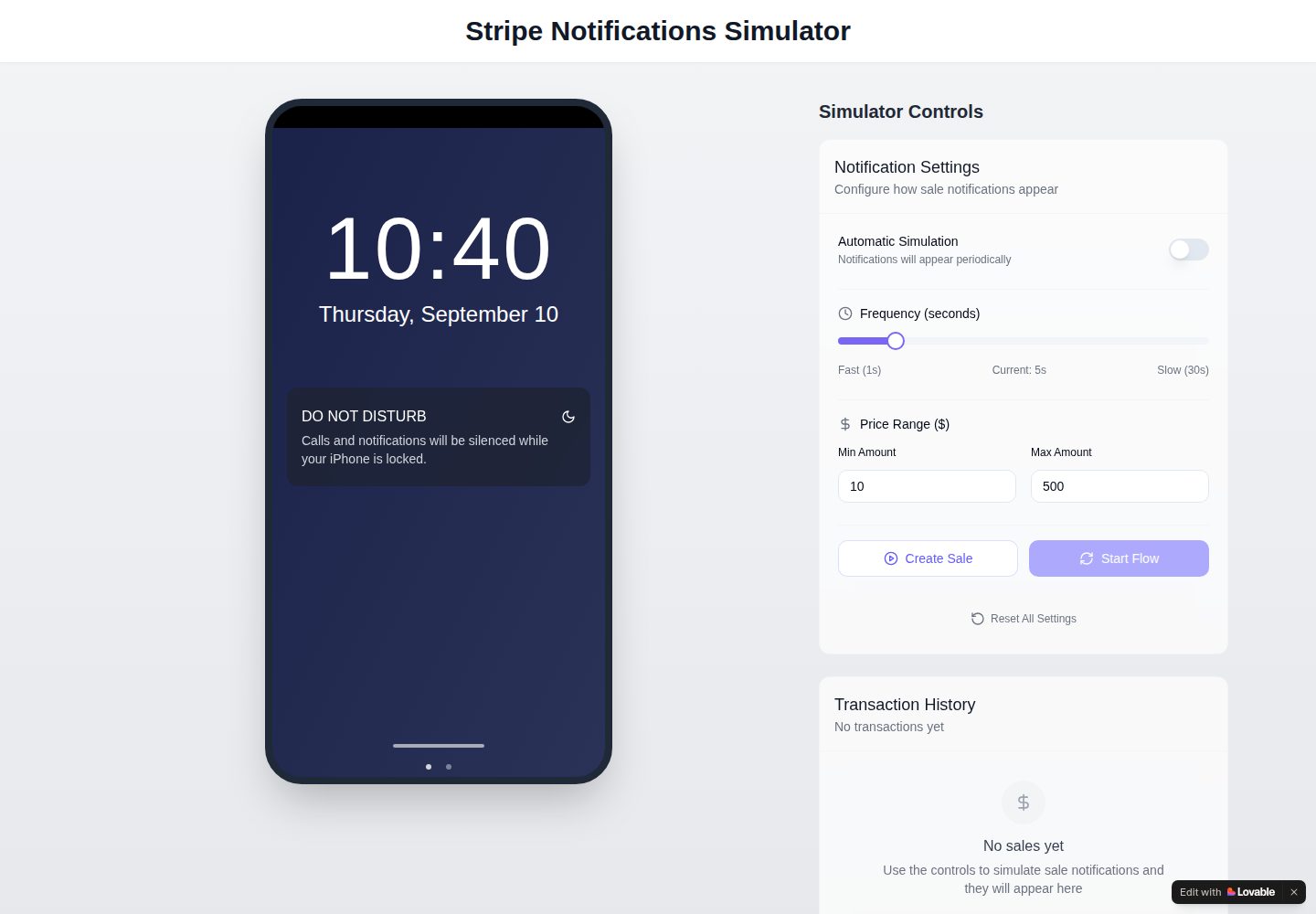 Stripe Notifications Simulator public website screenshot