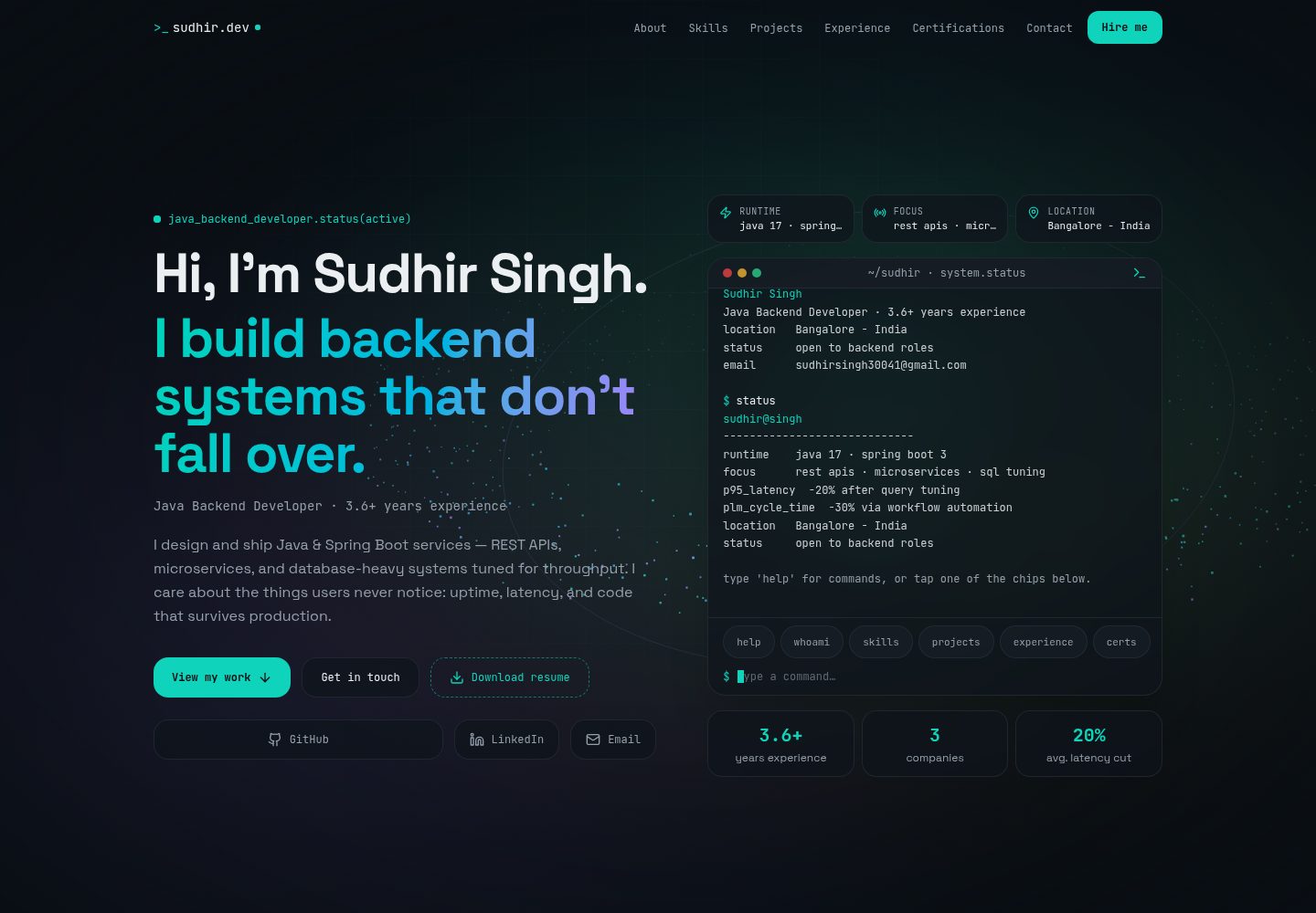 sudhir.dev public website screenshot