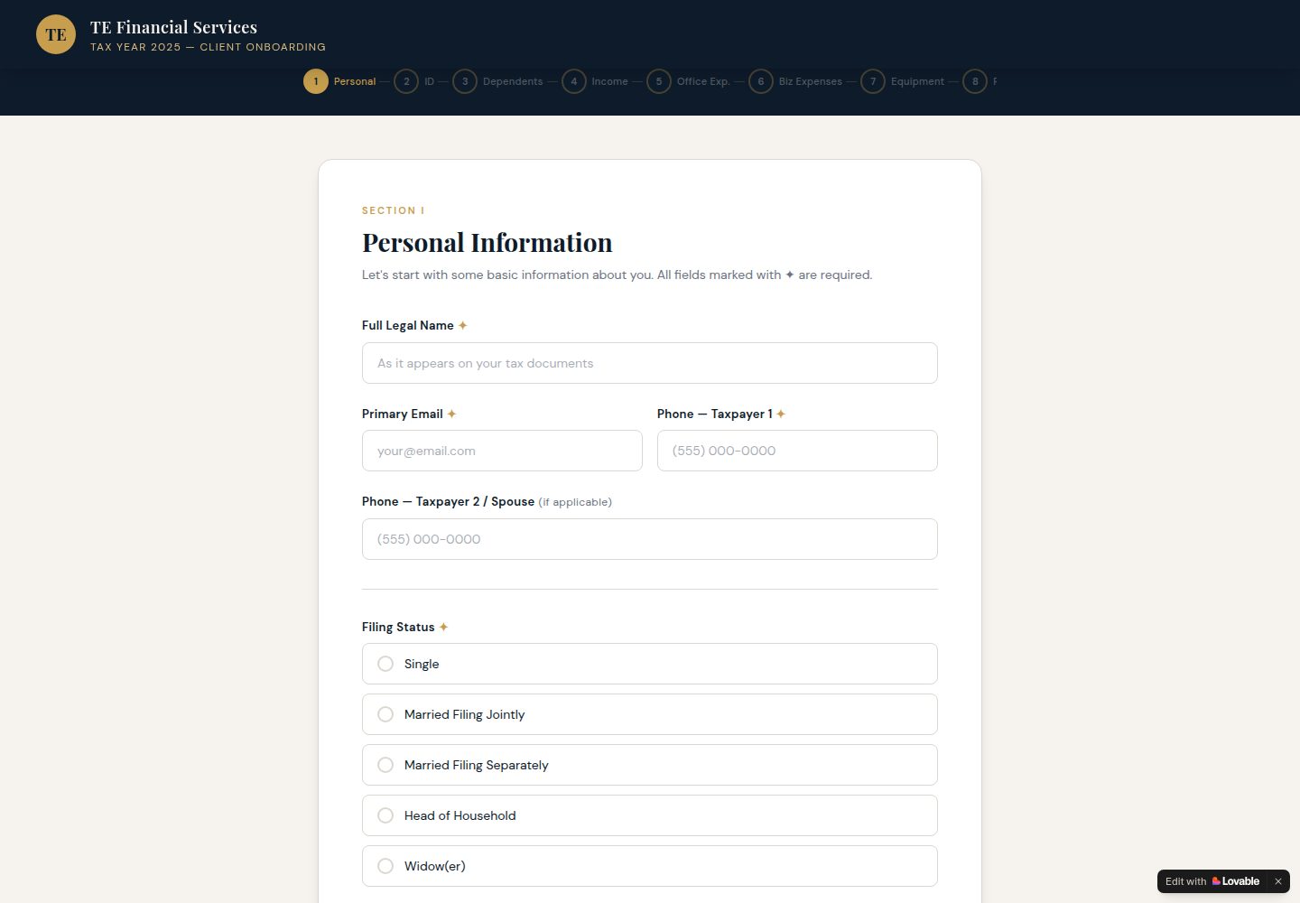 T.E. Financial Services public website screenshot