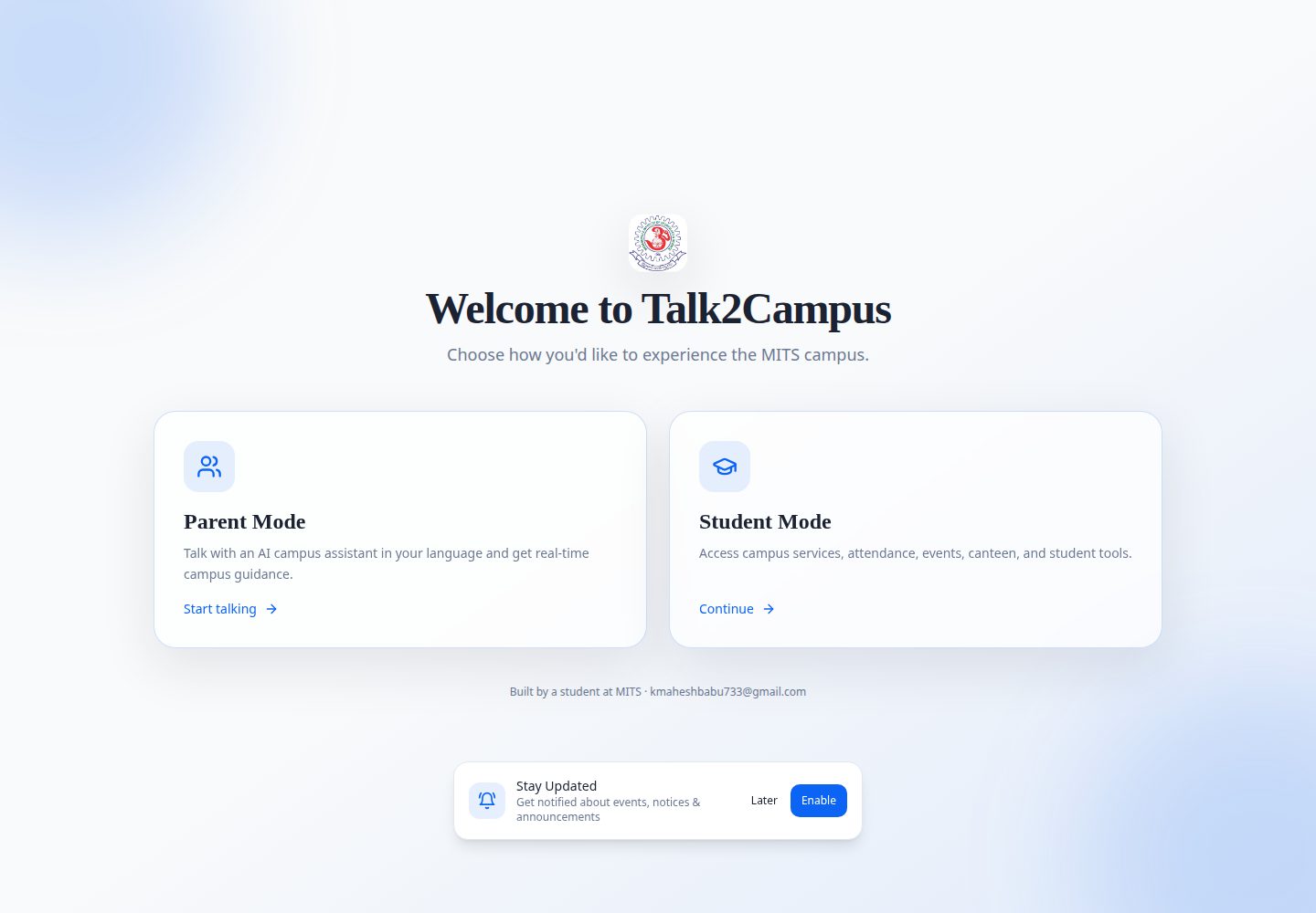 Talk2Campus public website screenshot