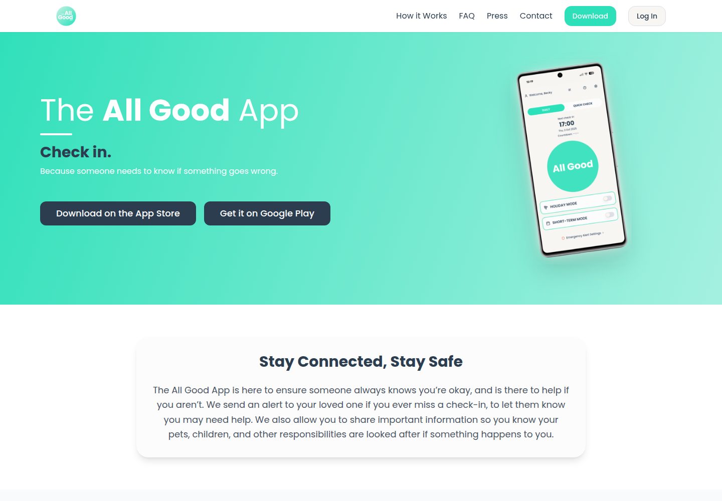 The All Good App public website screenshot