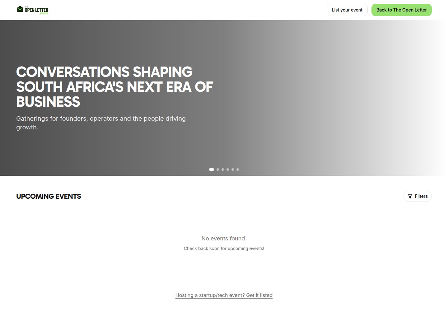 The Open Letter Events public website screenshot