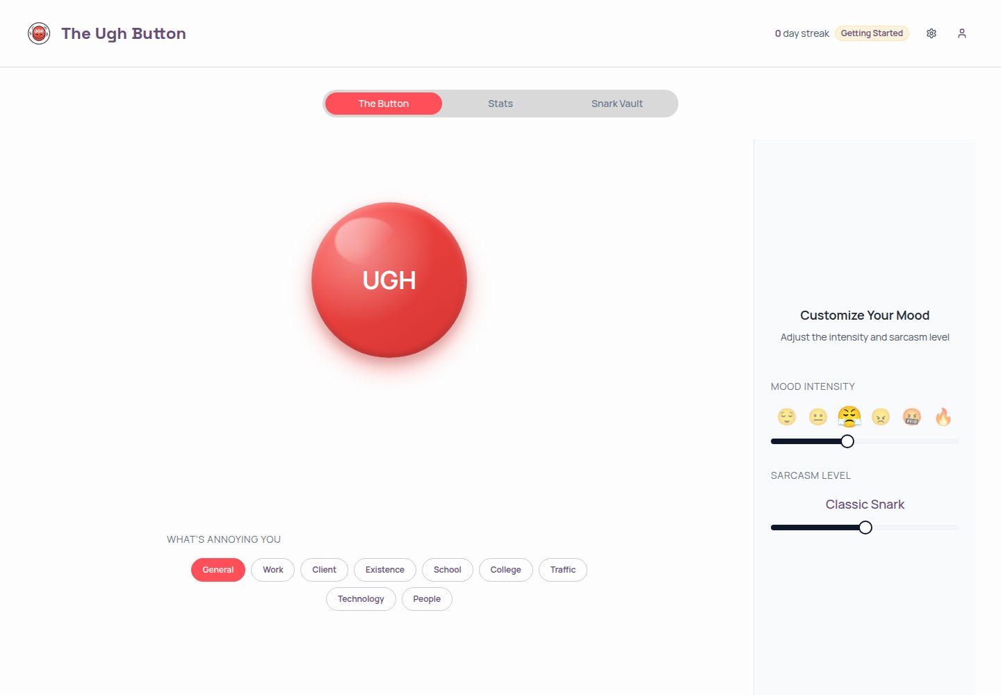The Ugh Button public website screenshot