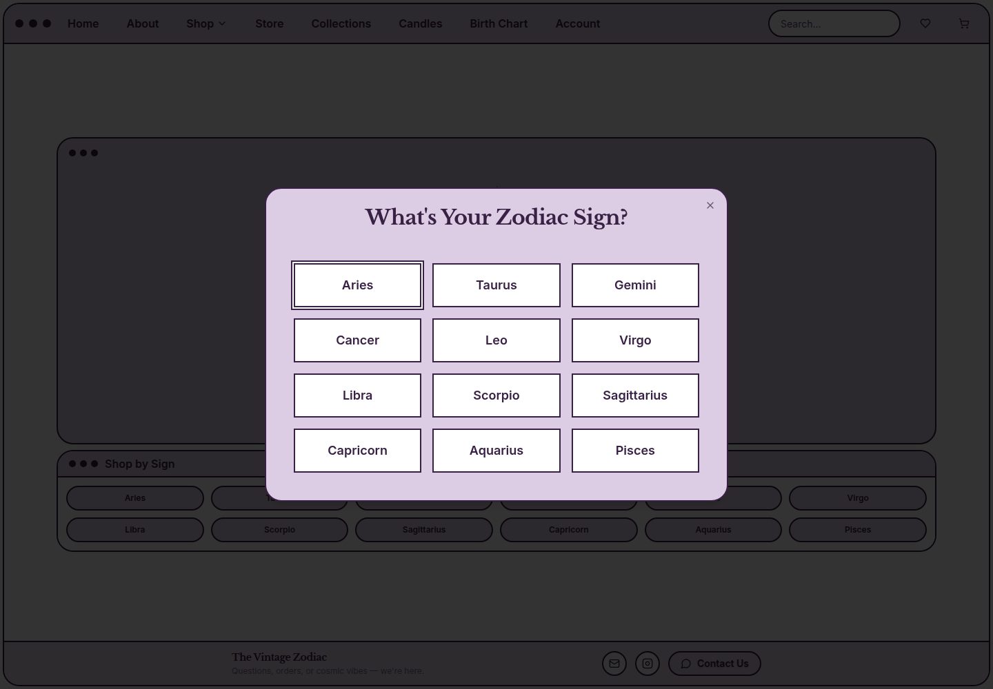 The Vintage Zodiac public website screenshot