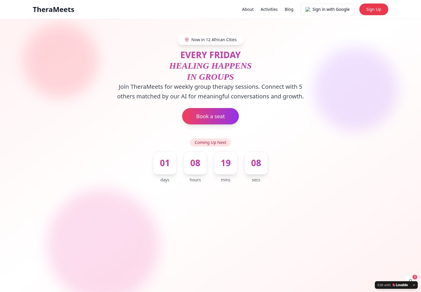 TheraMeets public website screenshot