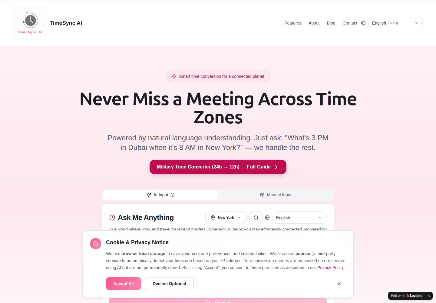 TimeSync AI public website screenshot