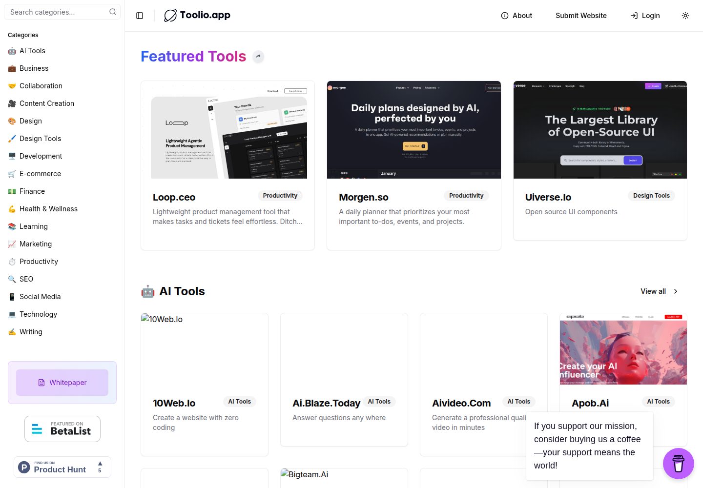 Toolio public website screenshot