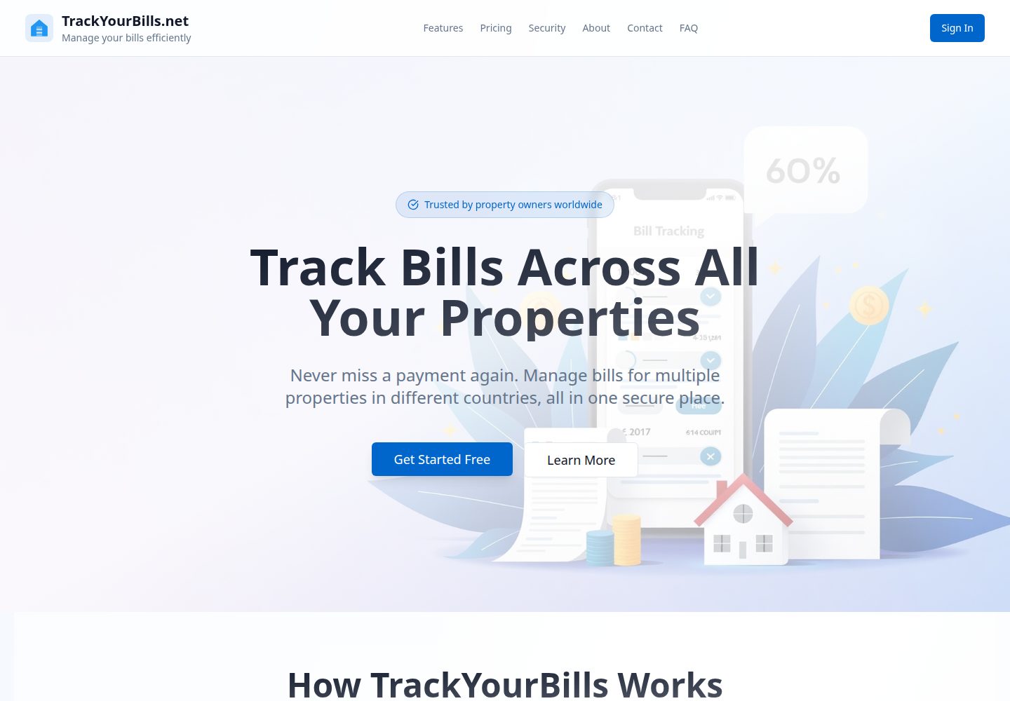 TrackYourBills.net public website screenshot