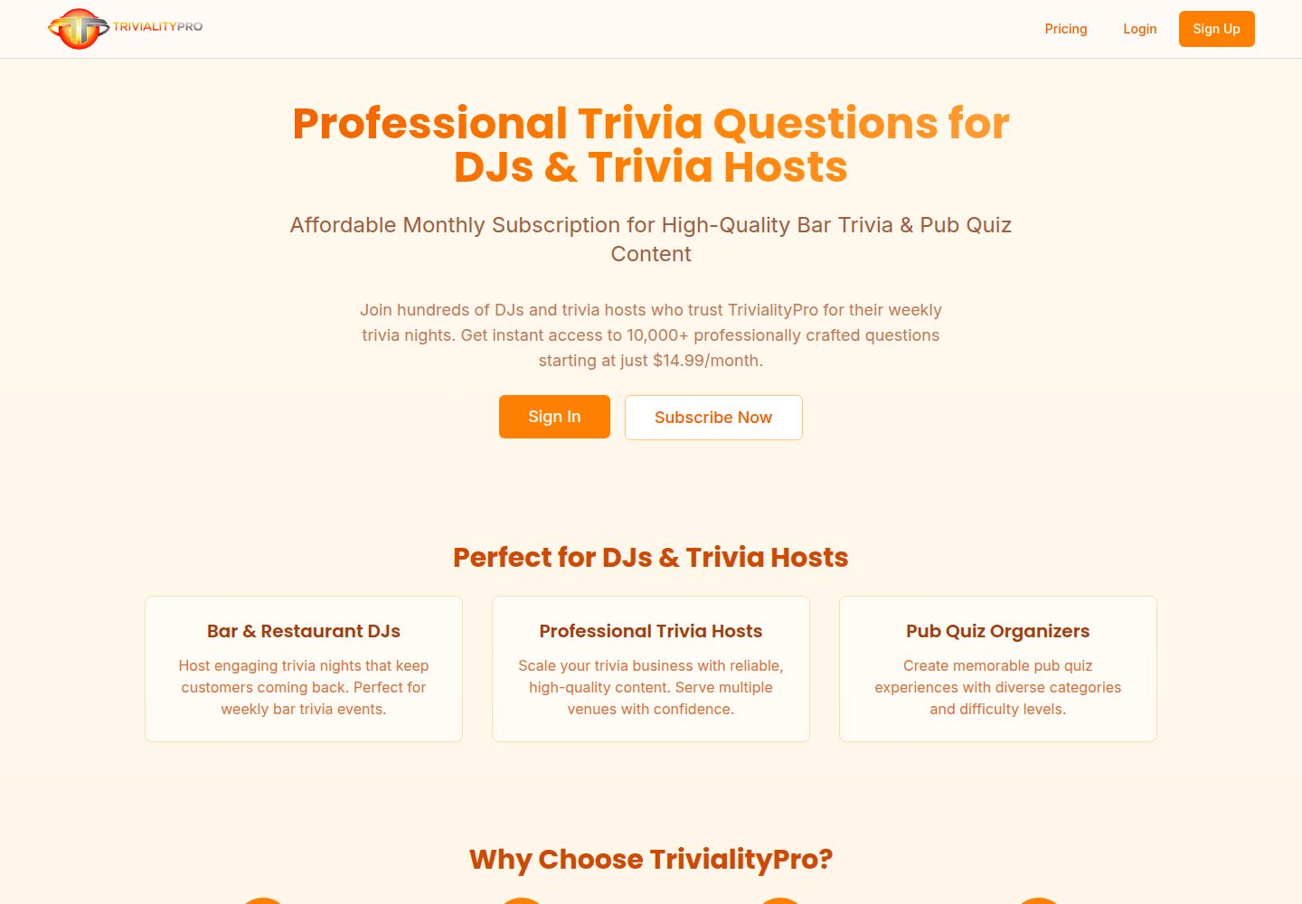 TrivialityPro public website screenshot