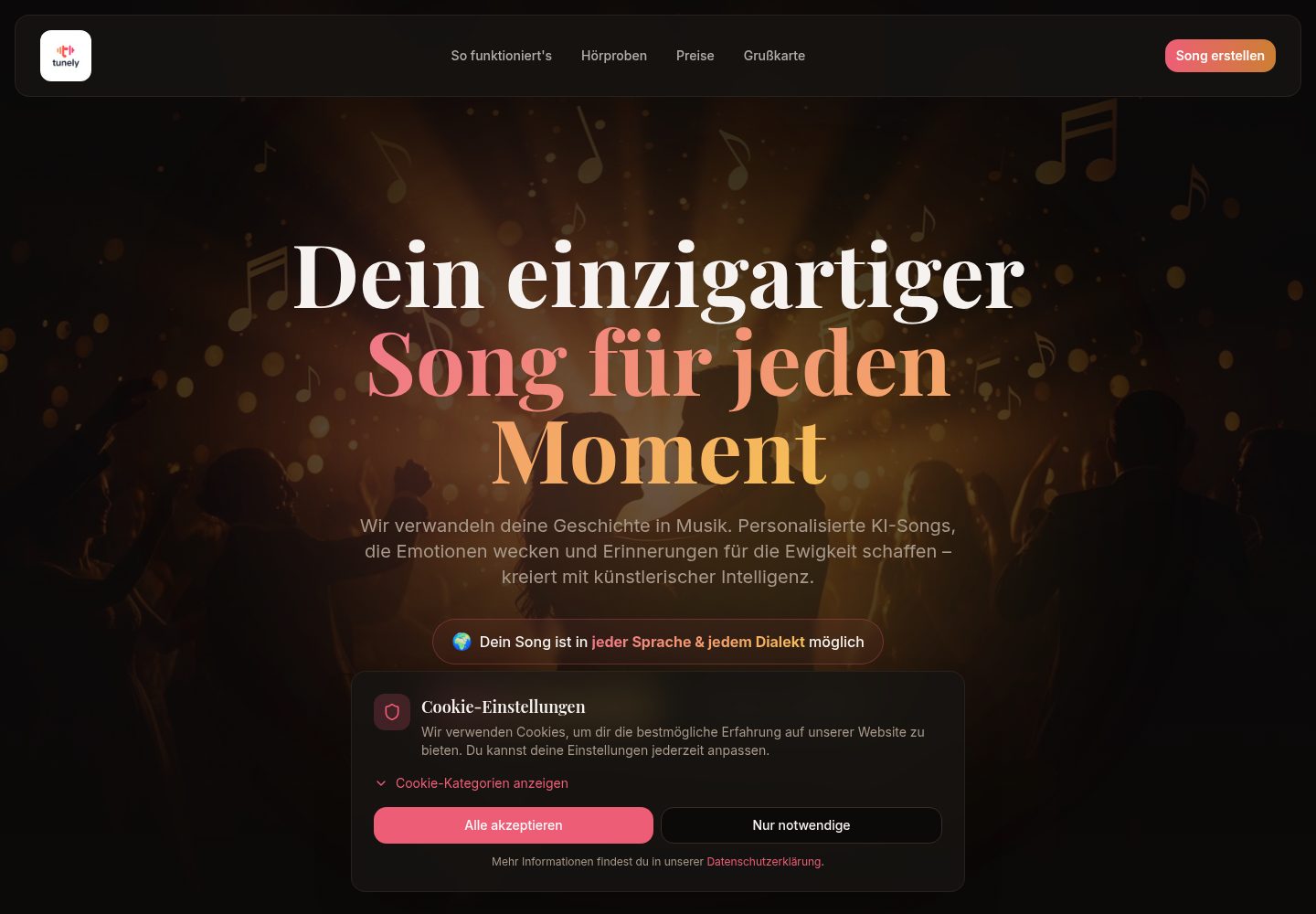 Tunely public website screenshot