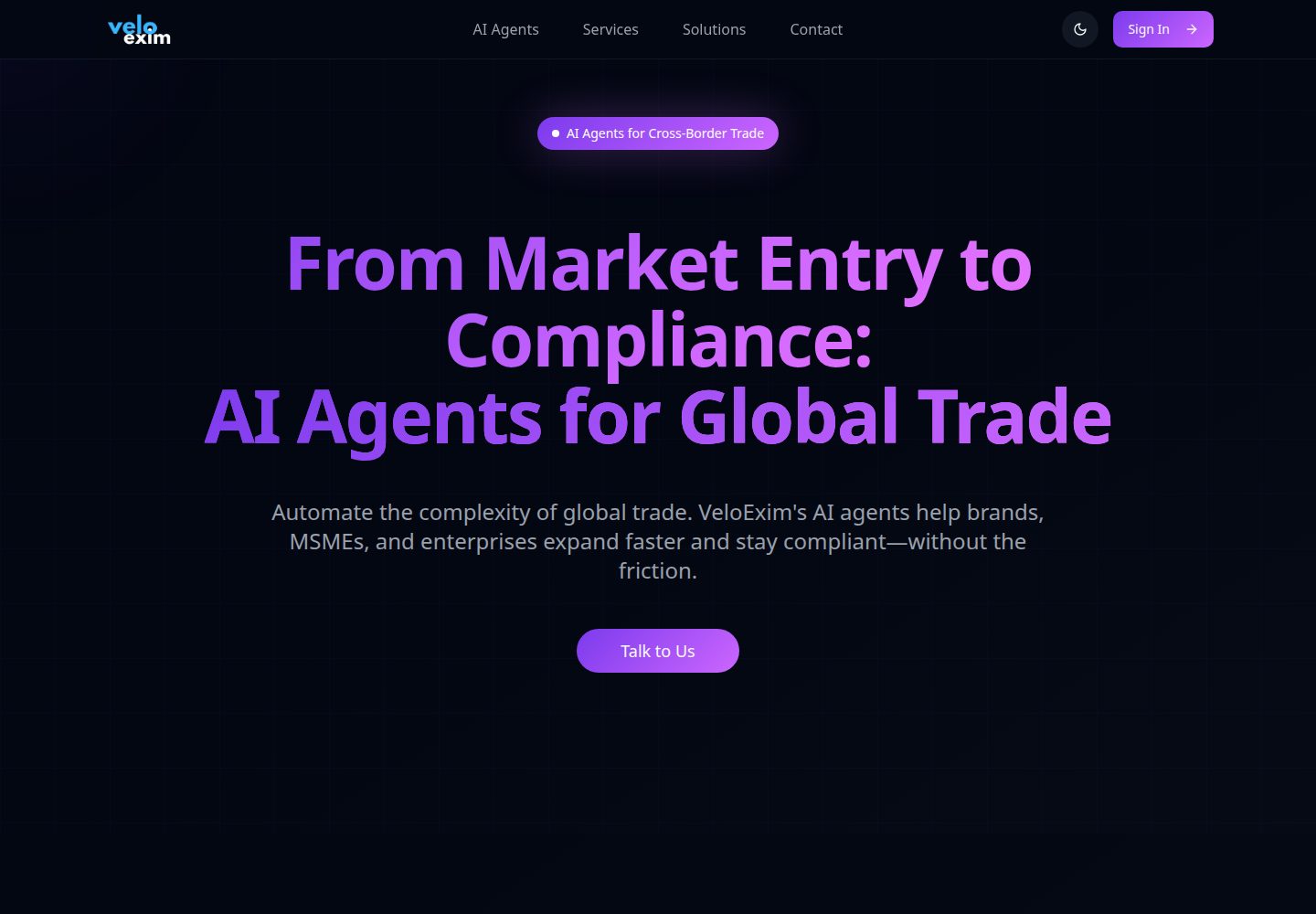VeloExim public website screenshot
