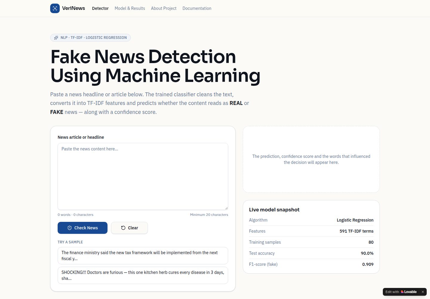 VeriNews public website screenshot