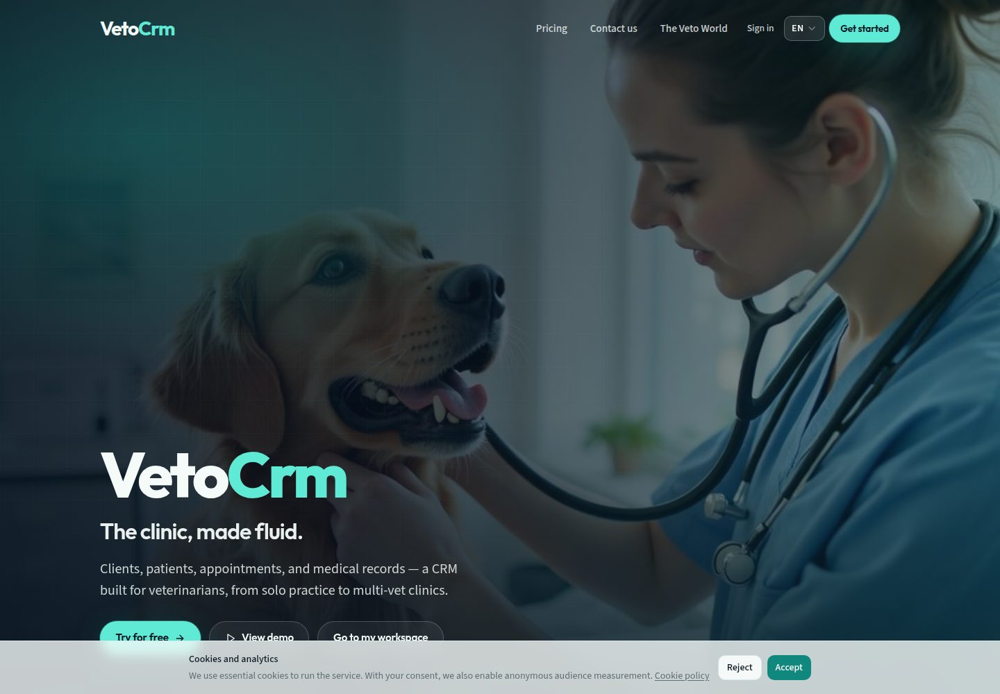 VetoCrm public website screenshot