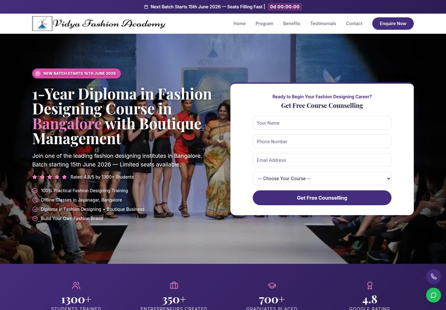 Vidya Fashion Academy public website screenshot